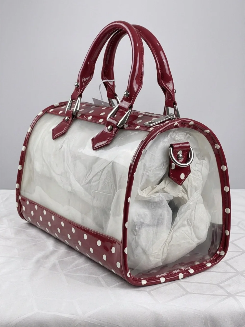 Stadium approved CLEAR bag orig. tags dustbag charm incl. maroon white polkadot